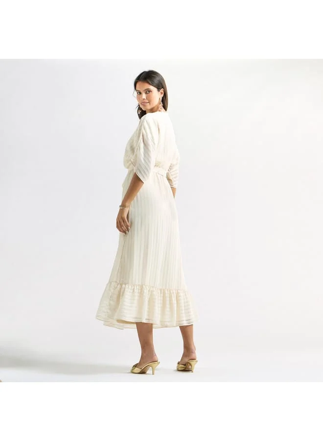 Splash FAV Striped Midi A-line Dress with Short Sleeves and Tie-Up Belt