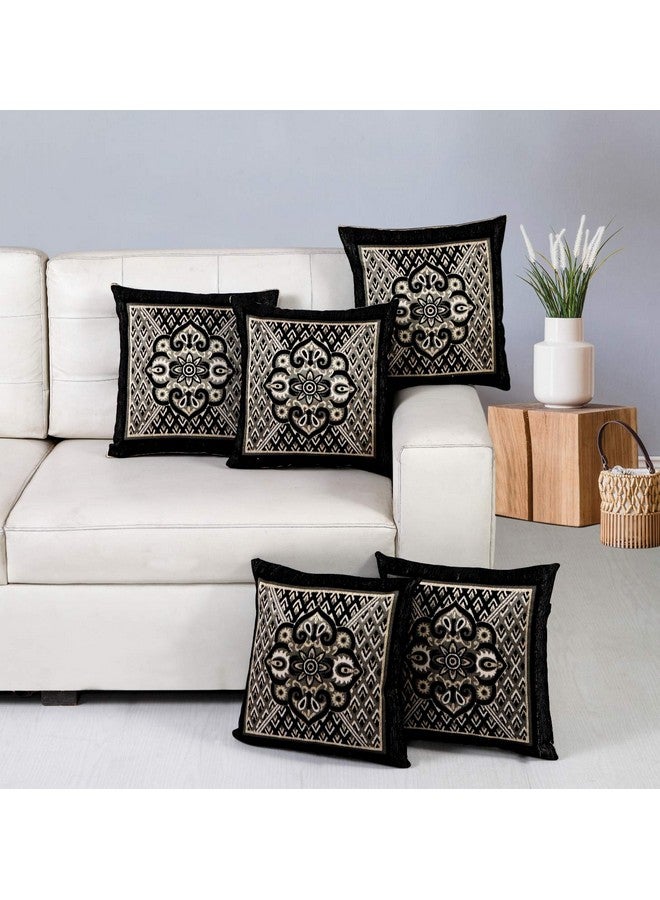 Nendle Jacquard Weaved Decorative Velvet Cushion Cover/Sofa Pillow Cover 500 TC Set Of 5 Pieces (Black, 16X16 Inches) - Image 1