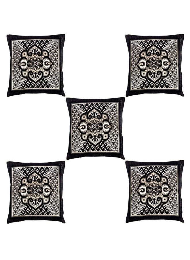Nendle Jacquard Weaved Decorative Velvet Cushion Cover/Sofa Pillow Cover 500 TC Set Of 5 Pieces (Black, 16X16 Inches) - Image 2