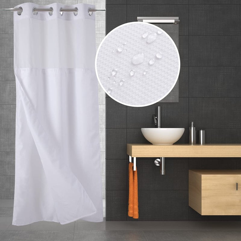 Ecoehoe 36 W x72 L Hook Free Fabric Stall Shower Curtain with Polyester Snapin Liner with MagnetsHotel Style Top See Through White