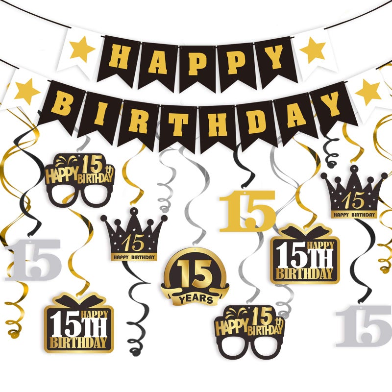 LINGTEER Happy 15th Birthday Decorations Set  12Pcs Black  Gold Swirls StreamerHappy Birthday Bunting BannerCheers to Fifteen Years Old Bday Party Decorations Gift Sign