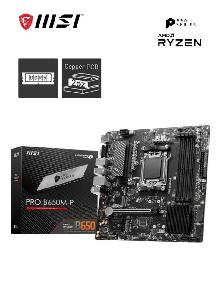 MSI PRO B650M-P | ProSeries Motherboard | AMD AM5, mATX, DDR5, PCIe 4.0, M.2, SATA 6Gb/s | USB 3.2 Gen 2, HDMI, DisplayPort | AMD Ryzen 9000 / 8000 / 7000 Series Desktop Processors | 911-7E27-007 - Image 1