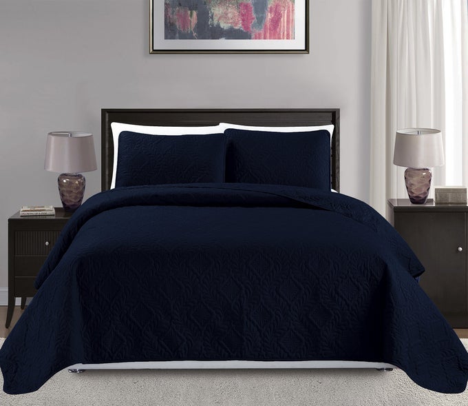 MK COLLECTION 3PC FULLQUEEN OVER SIZE DIAMOND BEDSPREAD BED COVER EMBOSSED SOLID NAVY BLUE NEW