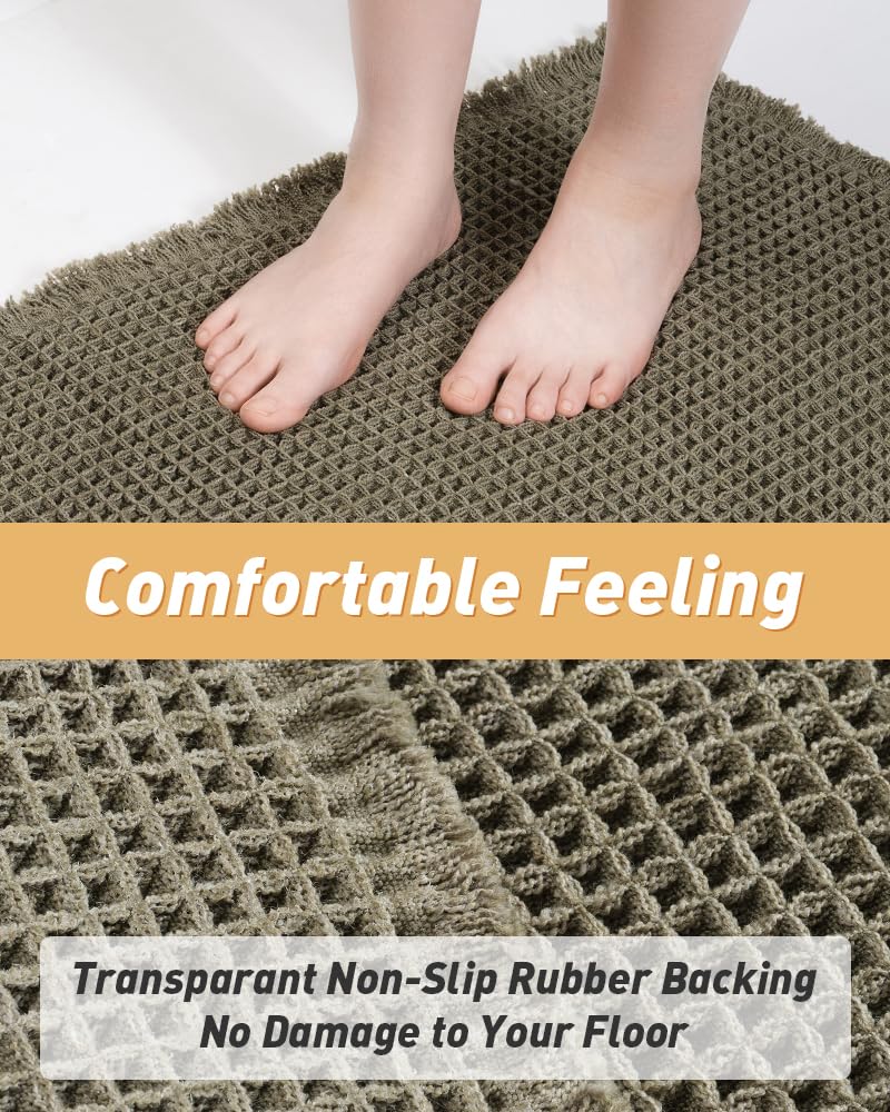 AMOAMI Upgraded Waffle Bath Mat, Super Absorbent Non Slip Bath Mats for Bathroom Floor, Machine Washable Bathroom Rugs with Tassels, Rubber Backed Bathroom Mats, Ultra Soft, 17" x 24", Dark Green - Image 3