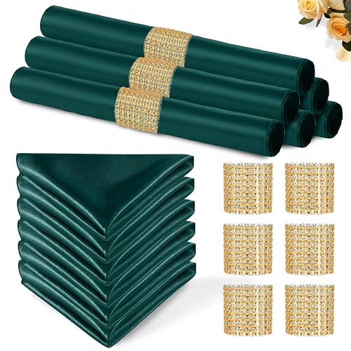 Eychei 100 Pack Dark Green Satin Napkins and Napkin Rings Set 12 x 12 Inch Silky Soft Cloth Napkins Set of 50 Square Satin Dinner Table Napkins Bulk for Wedding Banquet Graduation Party Decoration - Image 1