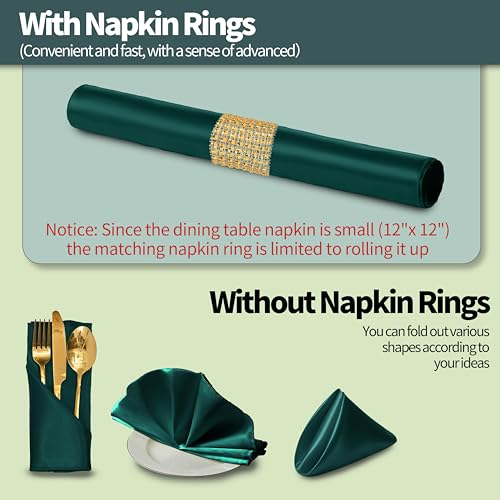 Eychei 100 Pack Dark Green Satin Napkins and Napkin Rings Set 12 x 12 Inch Silky Soft Cloth Napkins Set of 50 Square Satin Dinner Table Napkins Bulk for Wedding Banquet Graduation Party Decoration - Image 3