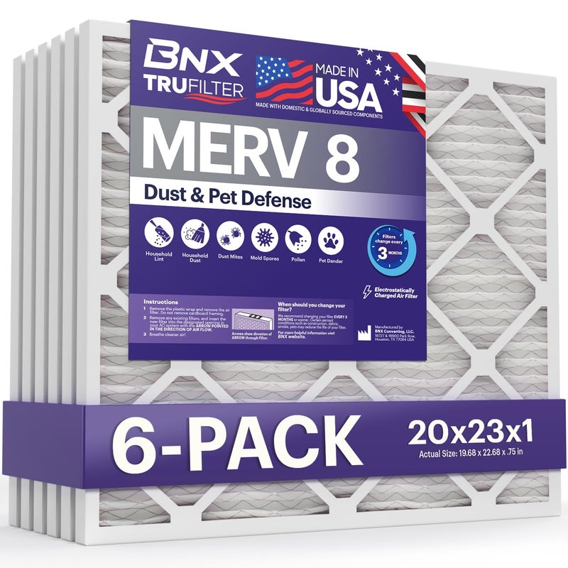 BNX TruFilter 20x23x1 Air Filter MERV 8 6Pack  MADE IN USA  Dust  Pet Defense Electrostatic Pleated Air Conditioner HVAC AC Furnace Filters for Dust Pet Mold Pollen MPR 600  700  FPR 5