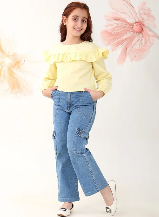 Bonkids BONKIDS Girls Yellow Cotton Top with Fringed Detail