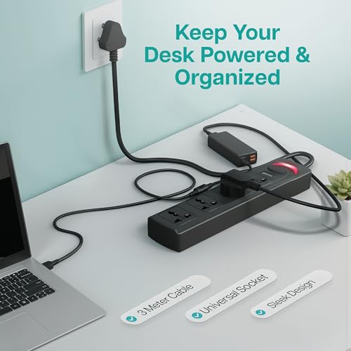 Geonix PowerSpan S4 | Extension Board with 4 Universal Sockets with on Off Button, 3mtr Long Copper Cable, 1500 Watts, 6 Amp Multi Plug for Office & Home Appliances (Black) - Image 2