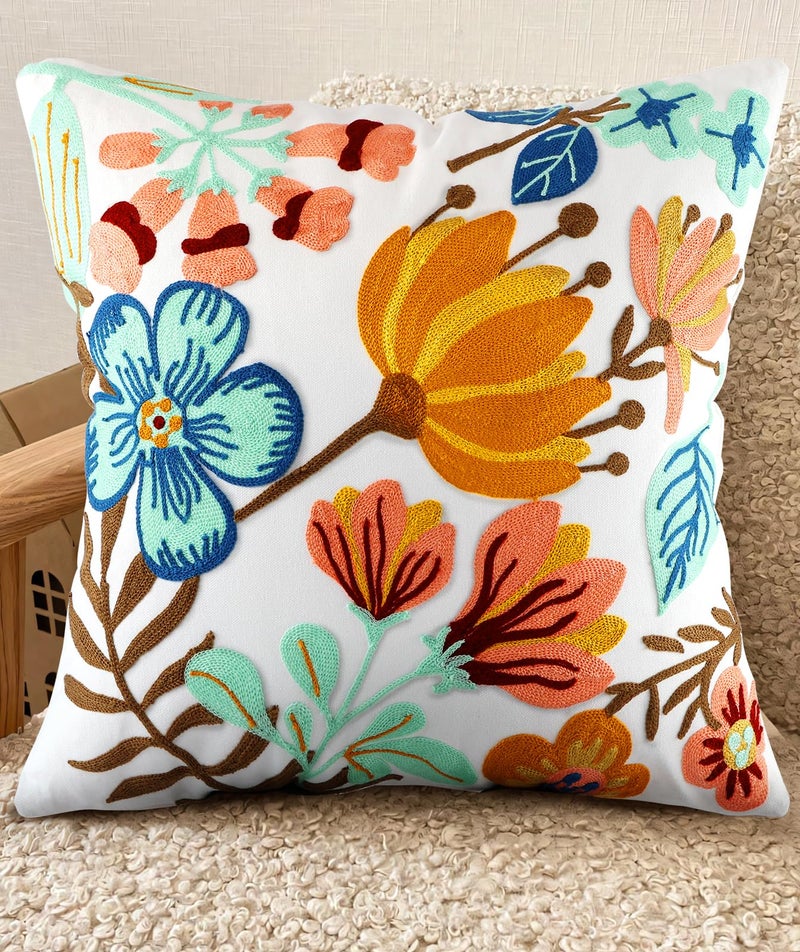Kokaaee Embroidered Throw Pillow Cover - 18x18 Outdoor Decorative Pillow Covers with Zipper for Couch Sofa Bedroom Aesthetic Blue Flowers Soft Cozy Cotton Pillowcase Covers with Patterned - Image 1