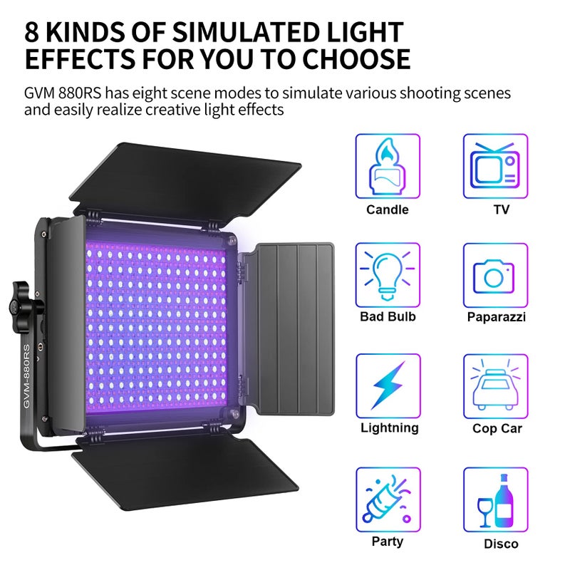 GVM Great Video Maker GVM RGB LED Video Light with Bluetooth Control, 60W Photography Studio Lighting Kit with Stands, 2-Packs 880RS Dimmable Led Panel Light for YouTube, Streaming, Gaming, 8 Applicable Scenes, CRI97 - Image 4