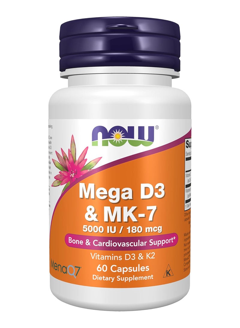 ناو فودز ميجا D-3 وMk-7 مع فيتامينات D-3 وK-2، 5000 وحدة دولية/180 مكجم، لدعم العظام والقلب والأوعية الدموية، 60 كبسولة نباتية - Image 1