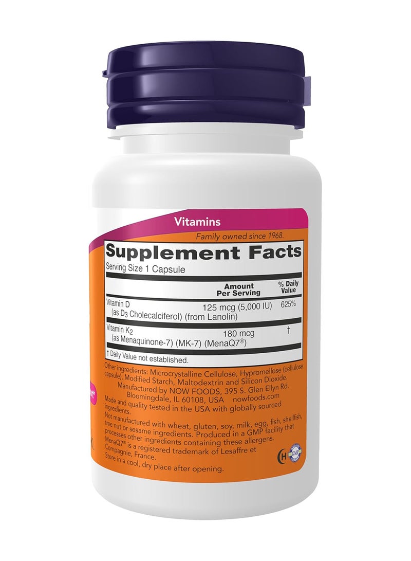 ناو فودز ميجا D-3 وMk-7 مع فيتامينات D-3 وK-2، 5000 وحدة دولية/180 مكجم، لدعم العظام والقلب والأوعية الدموية، 60 كبسولة نباتية - Image 2