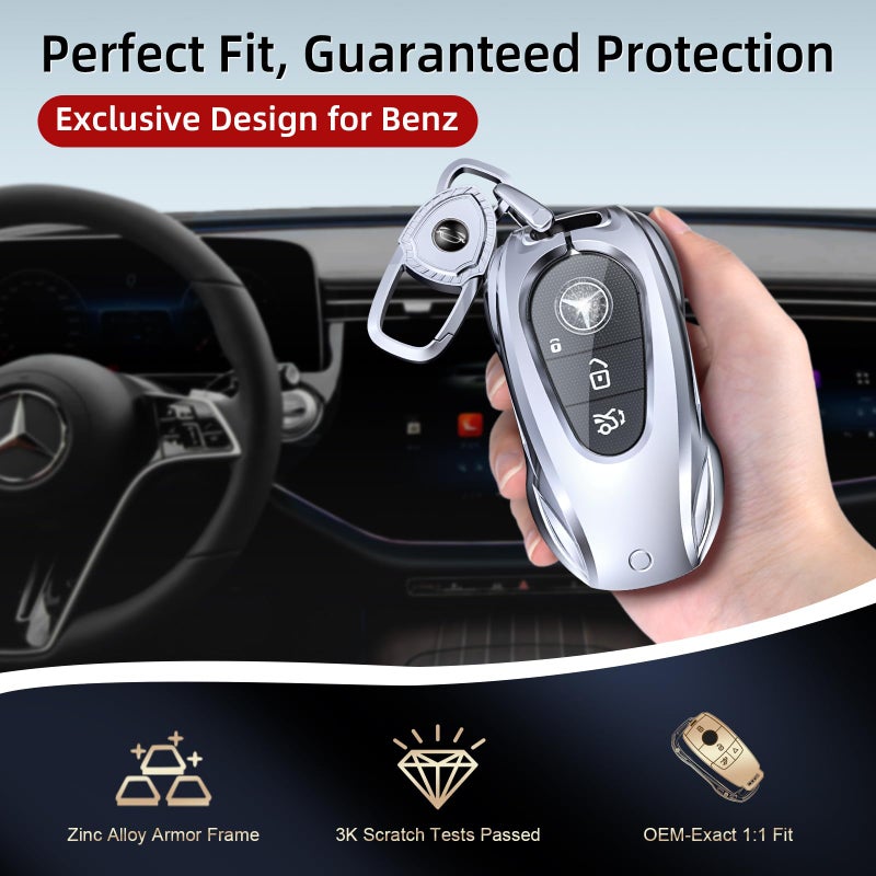 saxsion for Mercedes Benz Key fob Cover with Metal Keychain Case Key Shell Protector Compatible with 2020-2024 S-Class G-Class E-Class EQE EQS Accessories (Classic Blackï¼Œfor Benz-C) - Image 2