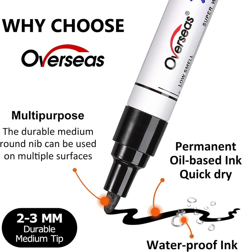 Overseas Paint Marker Pens - 6 Colors Permanent Oil Based Paint Markers, Medium Tip, Quick Dry and Waterproof Assorted Color Marker for Metal, Wood, Fabric, Plastic, Rock Painting, Stone, Mugs, Canvas, Glass - Image 2