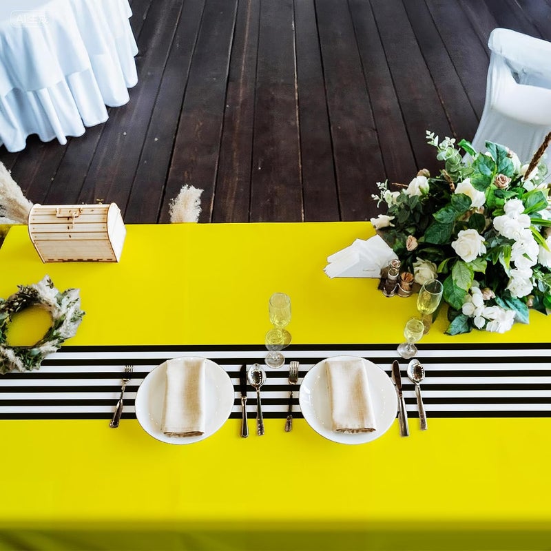 Oudain 6 Pcs Striped Tablecloth 108 x 54 Inch Disposable Plastic Table Cloth Waterproof Tablecloth Rectangle Table Cover for Birthday Wedding Bridal Party Supplies (Black White Yellow) - Image 4