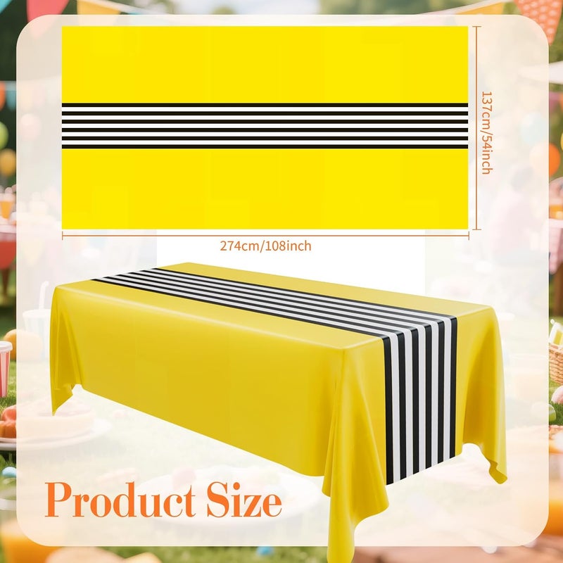Oudain 6 Pcs Striped Tablecloth 108 x 54 Inch Disposable Plastic Table Cloth Waterproof Tablecloth Rectangle Table Cover for Birthday Wedding Bridal Party Supplies (Black White Yellow) - Image 2