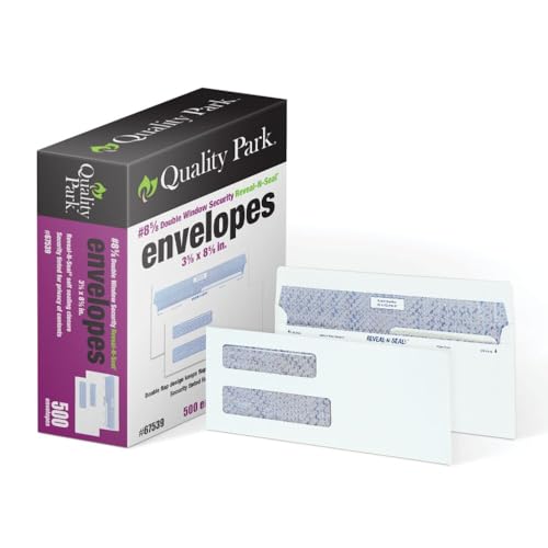 Quality Park #8 5/8 Double-Window Security Envelopes, Self-Sealing, Tamper Evident, For Checks, Payroll, 24 lb White Wove, 3-5/8 x 8-5/8 Inches, 500/Box (QUA67539) - Image 1