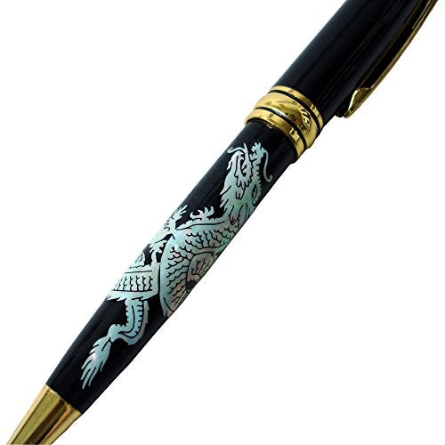 Antique Alive Mother of Pearl Handmade Retractable Executive Gift Deluxe Rollerball Medium Point German Black Ink Ballpoint Pen (Black Dragon) - Image 2