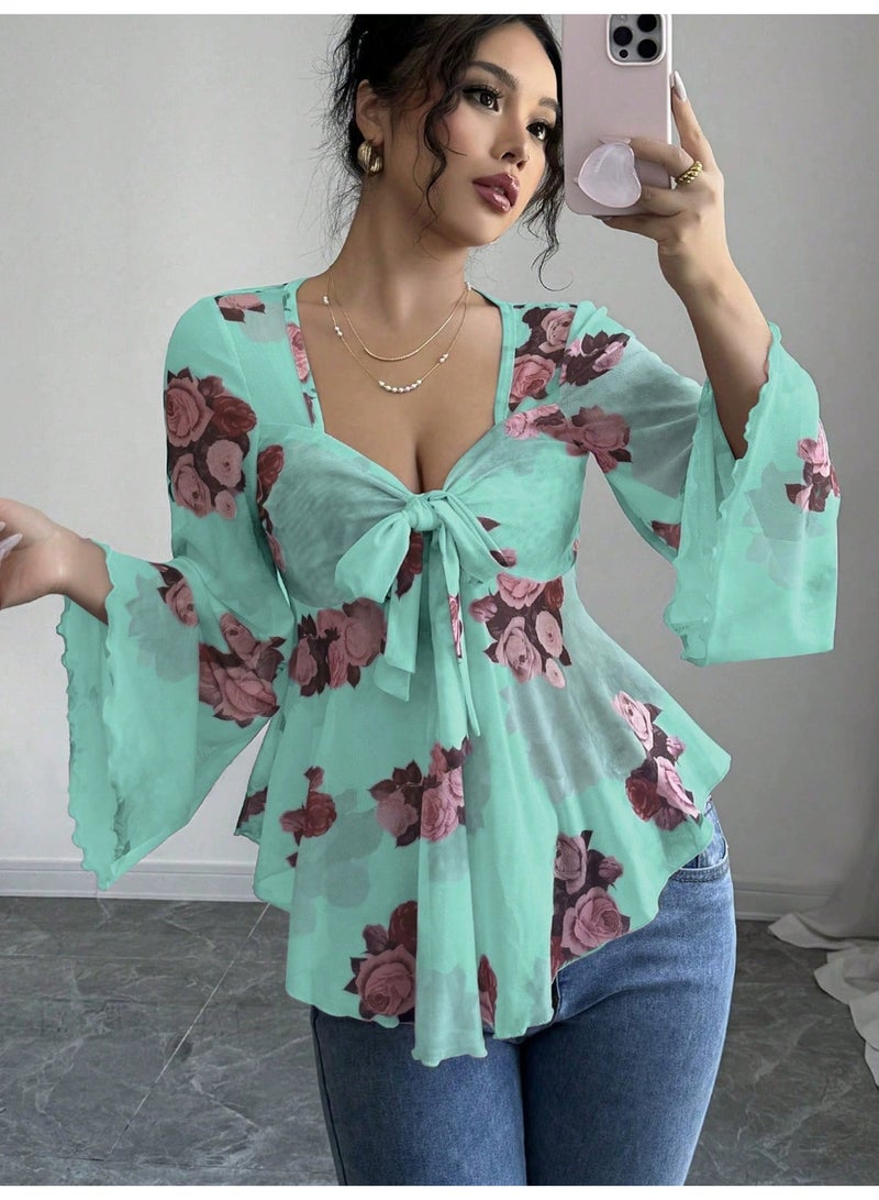 general 2025-2026 Design-inspired French-style sweet floral gradient hemmed strap square-neck long-sleeved shirt - Image 1