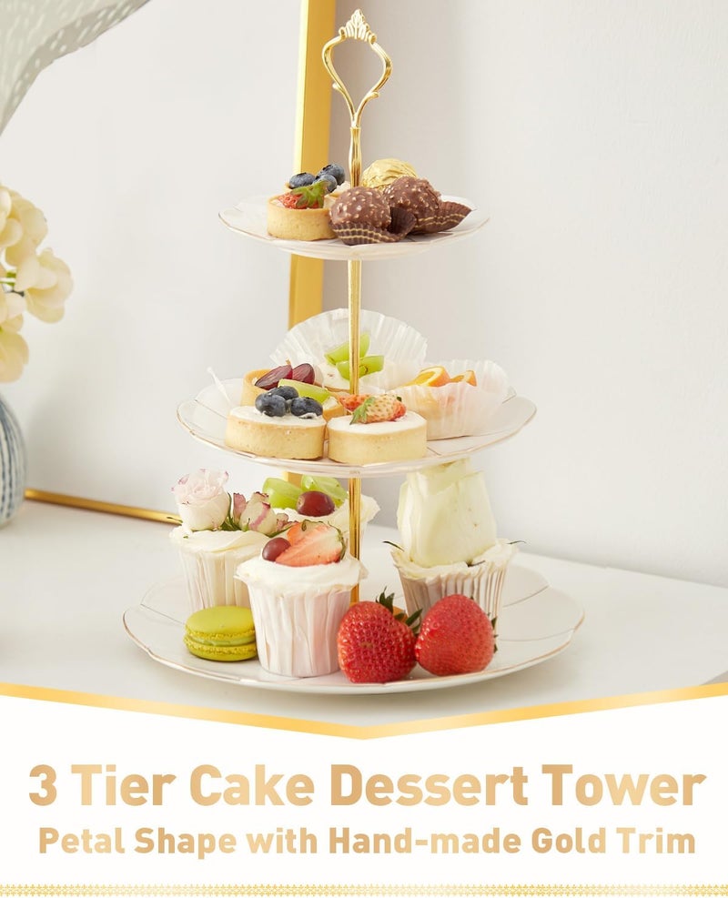 DUJUST Luxury Porcelain 3-Tier Cupcake Stand Tower, British Style Serving Tray with Golden Trim, Food Grade Dessert Display Stand, Beautiful Gift for Tea Party & Home Décor - Image 2