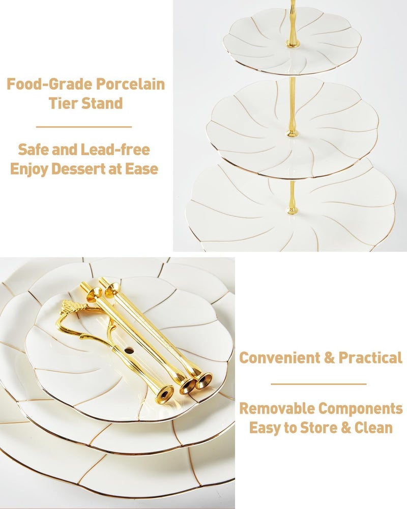 DUJUST Luxury Porcelain 3-Tier Cupcake Stand Tower, British Style Serving Tray with Golden Trim, Food Grade Dessert Display Stand, Beautiful Gift for Tea Party & Home Décor - Image 4