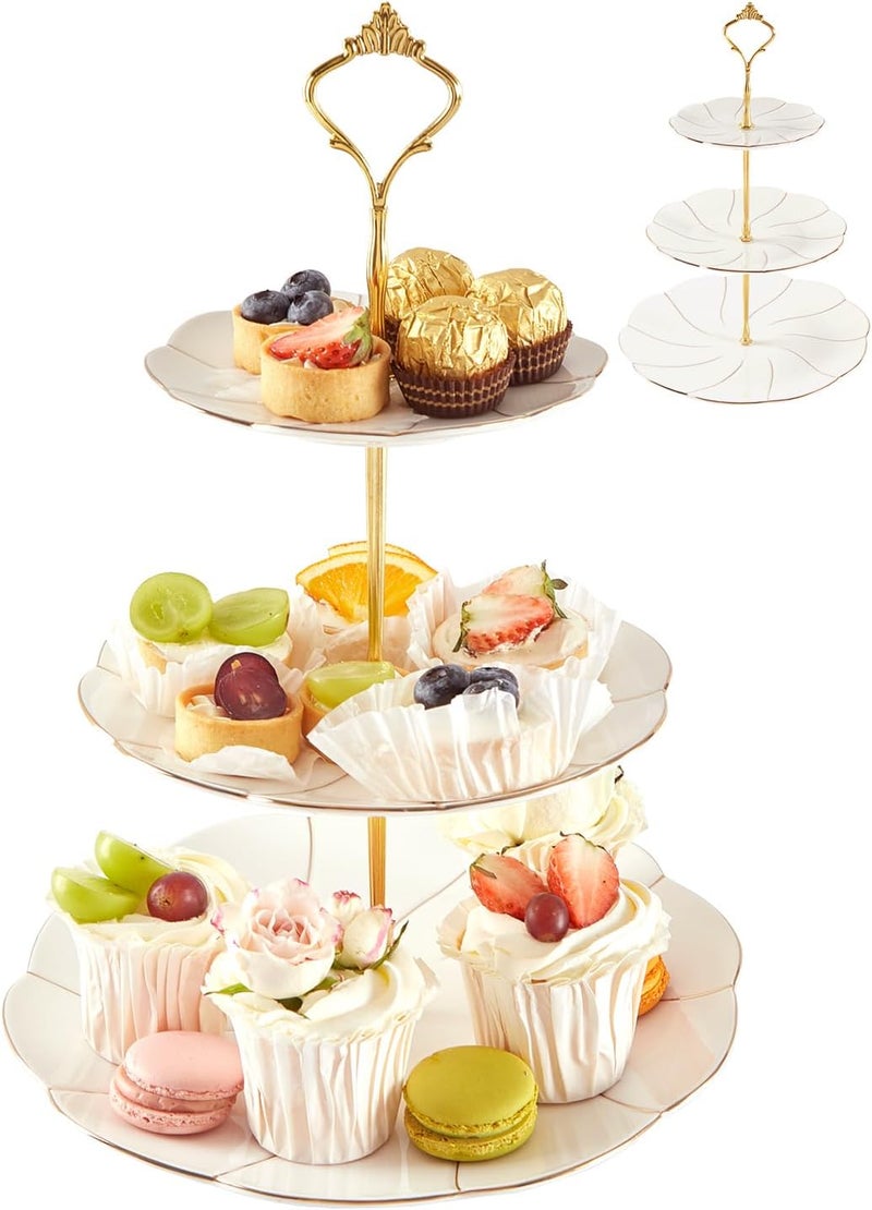 DUJUST Luxury Porcelain 3-Tier Cupcake Stand Tower, British Style Serving Tray with Golden Trim, Food Grade Dessert Display Stand, Beautiful Gift for Tea Party & Home Décor - Image 1
