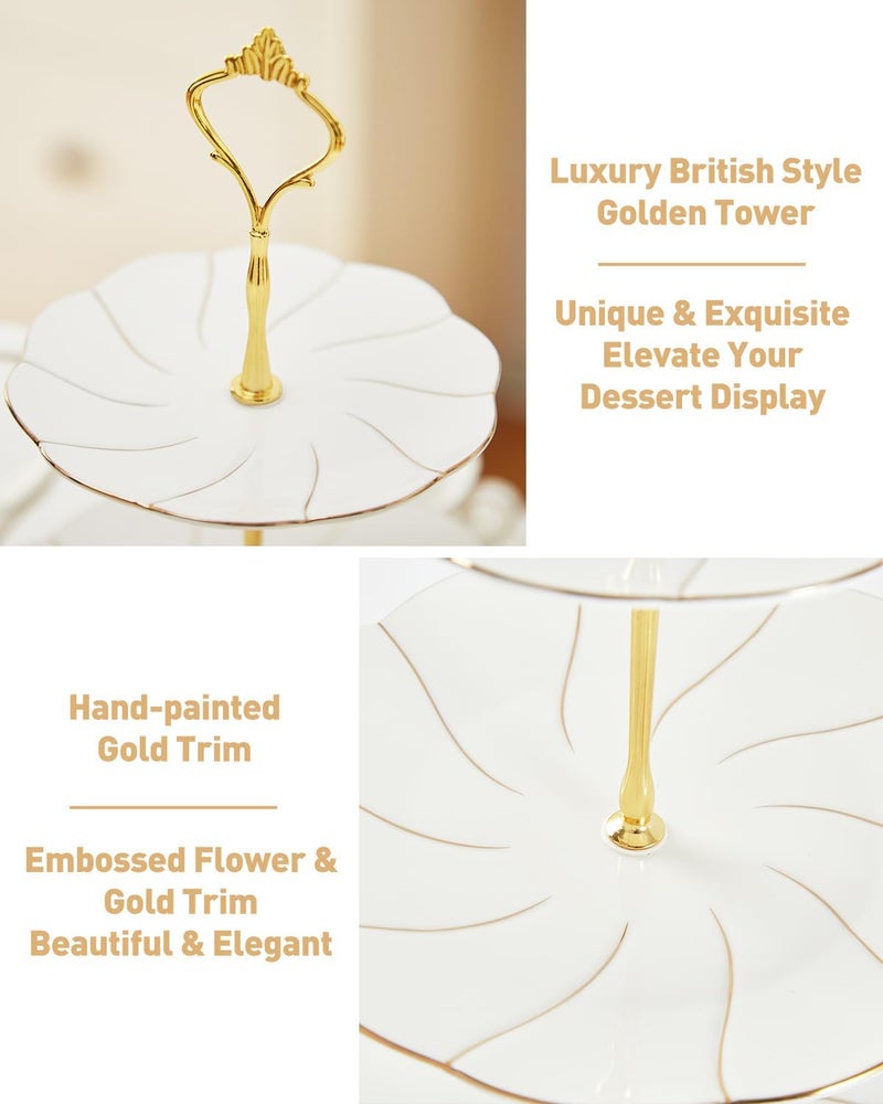 DUJUST Luxury Porcelain 3-Tier Cupcake Stand Tower, British Style Serving Tray with Golden Trim, Food Grade Dessert Display Stand, Beautiful Gift for Tea Party & Home Décor - Image 3