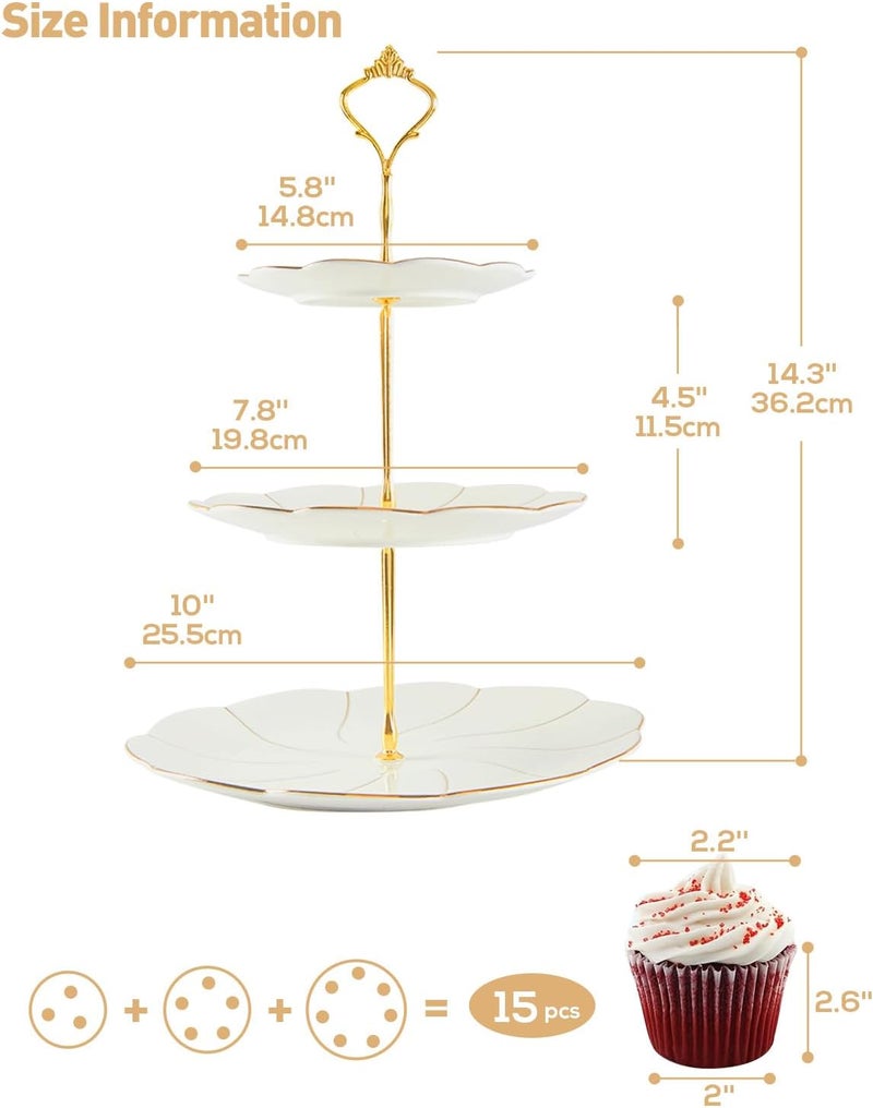 DUJUST Luxury Porcelain 3-Tier Cupcake Stand Tower, British Style Serving Tray with Golden Trim, Food Grade Dessert Display Stand, Beautiful Gift for Tea Party & Home Décor - Image 5