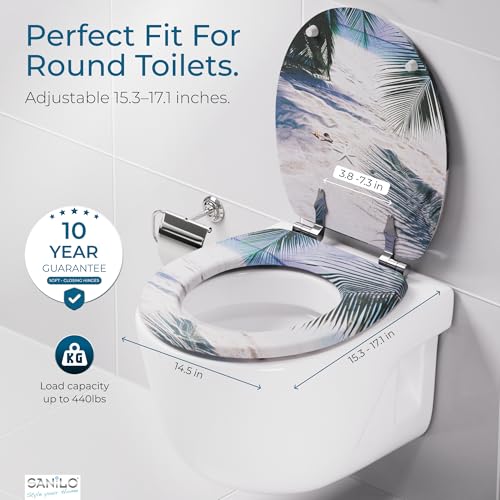 SANILO Wooden Toilet Seat with Soft Close [ROUND] - Decorative, Quiet & Slow Close Molded Wood Seat - With Strong Bumpers & Hinges - Adjustable Fit – Beach - Image 4