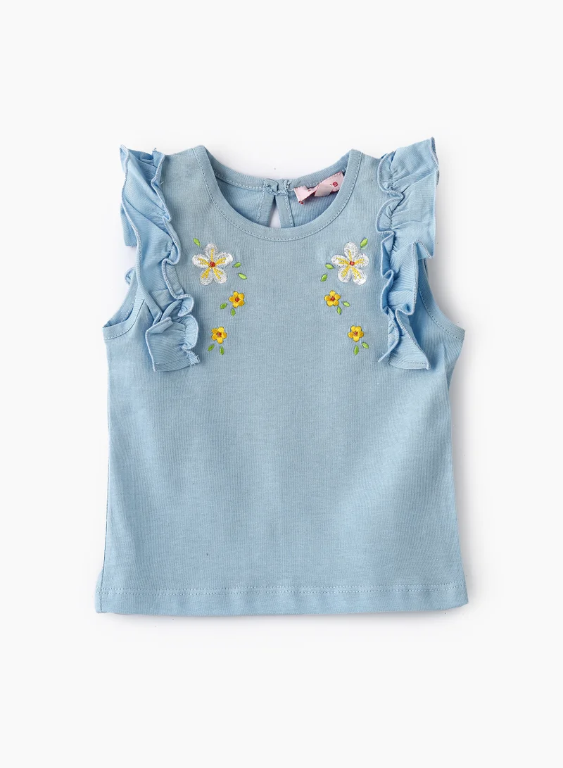 جيلين Girls Blue Embroidered Sleeveless Ruffle Top