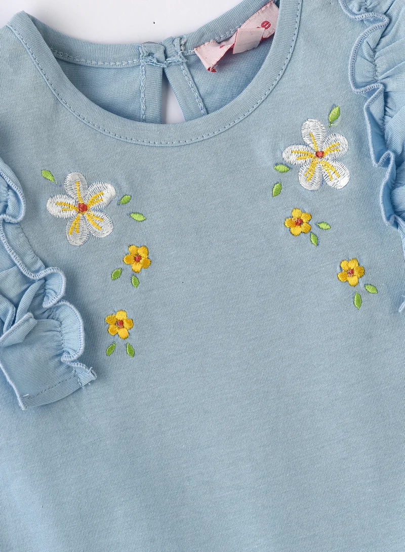 Jelliene Girls Blue Embroidered Sleeveless Ruffle Top