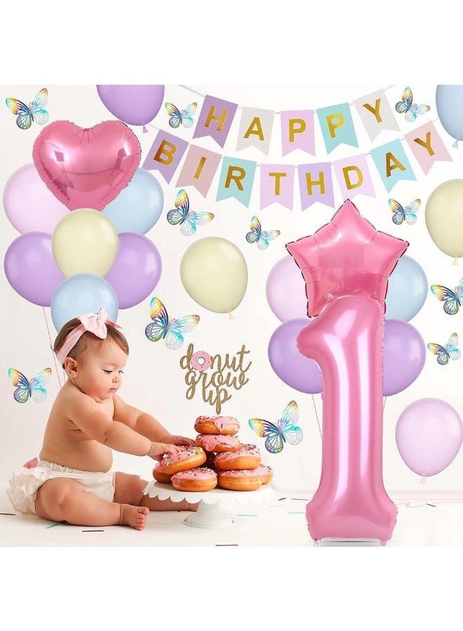 30Pcs 1st Birthday Party Decoration Set – Pastel Balloons, Happy Birthday Banner, Number 1 Foil Balloon, Star & Heart Foil Balloons, Butterfly Stickers for Baby Shower & Kids Birthday - Image 1