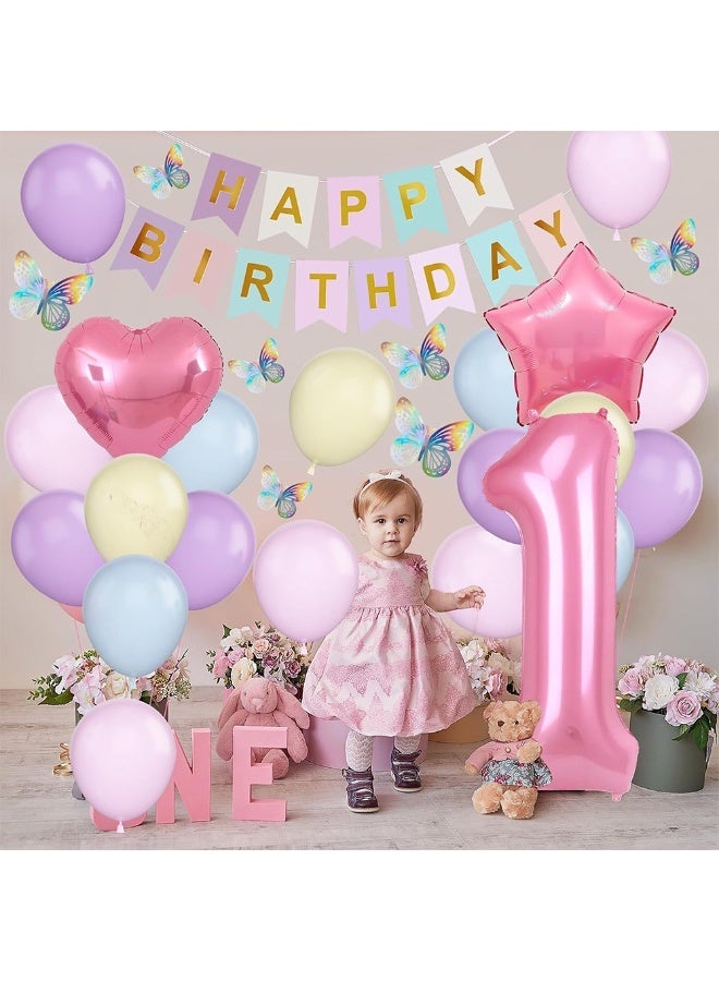 30Pcs 1st Birthday Party Decoration Set – Pastel Balloons, Happy Birthday Banner, Number 1 Foil Balloon, Star & Heart Foil Balloons, Butterfly Stickers for Baby Shower & Kids Birthday - Image 2