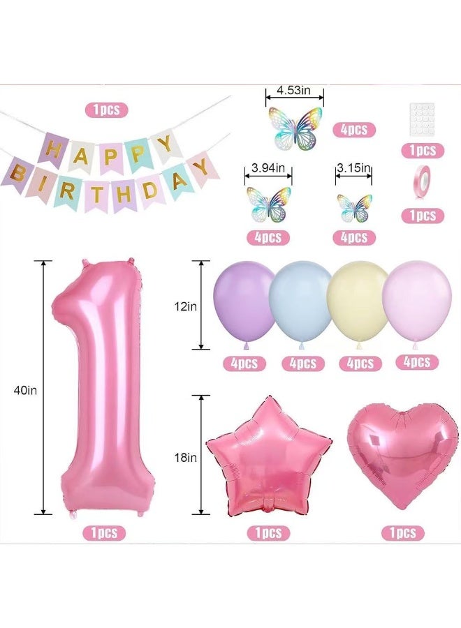 30Pcs 1st Birthday Party Decoration Set – Pastel Balloons, Happy Birthday Banner, Number 1 Foil Balloon, Star & Heart Foil Balloons, Butterfly Stickers for Baby Shower & Kids Birthday - Image 3