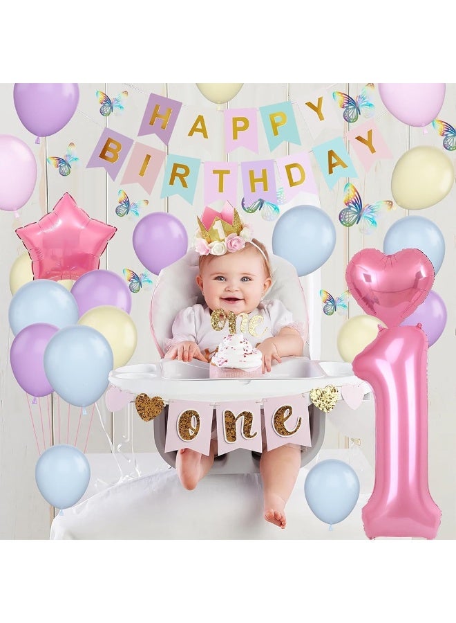 30Pcs 1st Birthday Party Decoration Set – Pastel Balloons, Happy Birthday Banner, Number 1 Foil Balloon, Star & Heart Foil Balloons, Butterfly Stickers for Baby Shower & Kids Birthday - Image 4