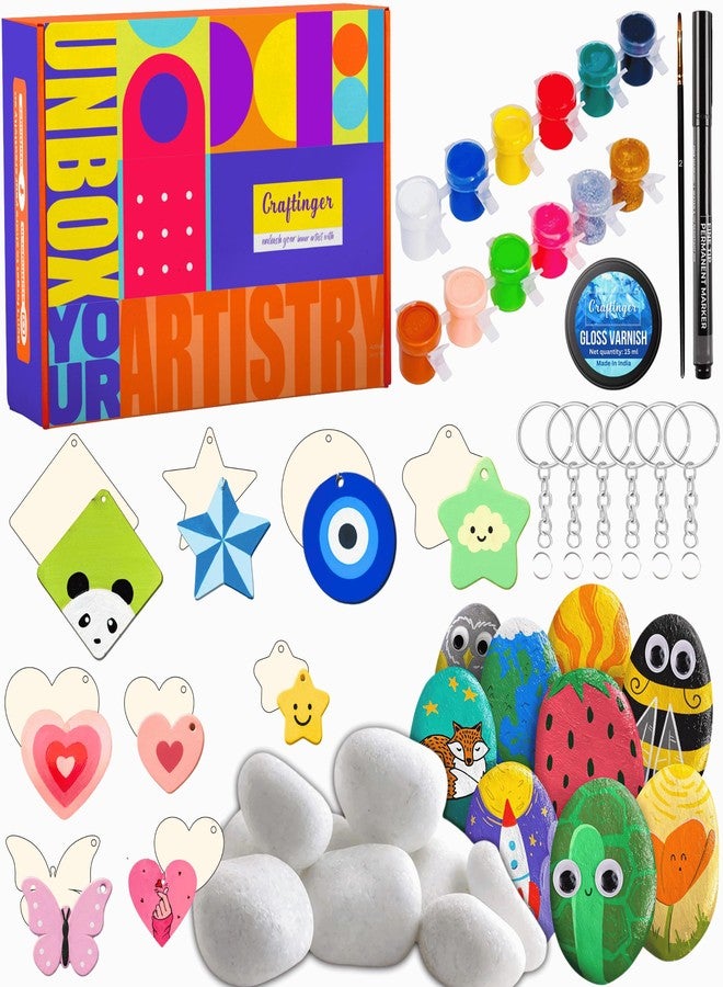 Craftinger DIY Rock Painting Kit for Kids & Adults | Pebble Stone Painting Kit with Wooden Keychain Charms, 12 Tempera Colors, Marker, Brush & Gloss Varnish | Art & Craft Birthday Return Gift for Boys & Girls - Image 1
