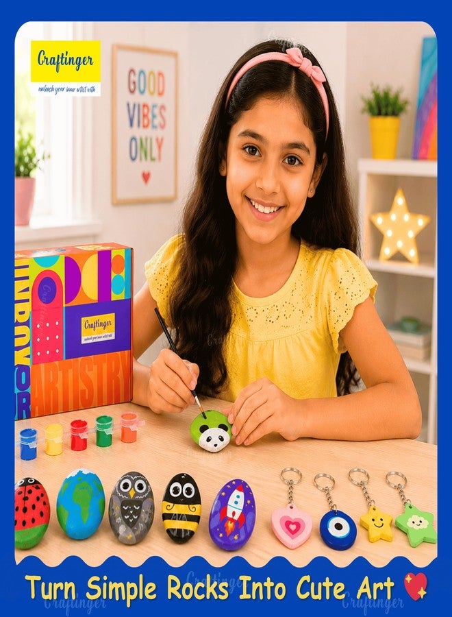 Craftinger DIY Rock Painting Kit for Kids & Adults | Pebble Stone Painting Kit with Wooden Keychain Charms, 12 Tempera Colors, Marker, Brush & Gloss Varnish | Art & Craft Birthday Return Gift for Boys & Girls - Image 5