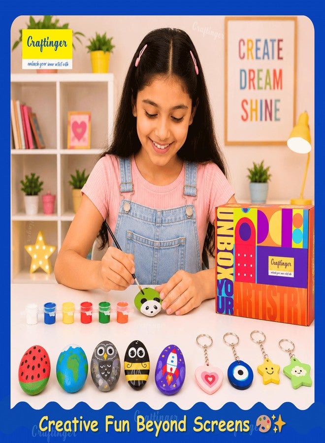 Craftinger DIY Rock Painting Kit for Kids & Adults | Pebble Stone Painting Kit with Wooden Keychain Charms, 12 Tempera Colors, Marker, Brush & Gloss Varnish | Art & Craft Birthday Return Gift for Boys & Girls - Image 4