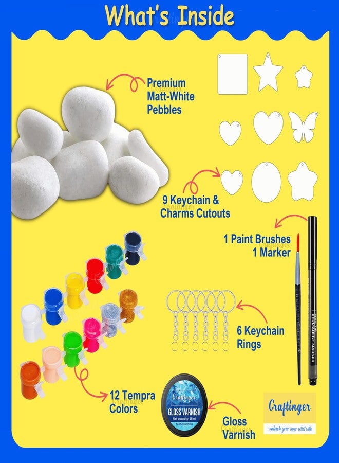 Craftinger DIY Rock Painting Kit for Kids & Adults | Pebble Stone Painting Kit with Wooden Keychain Charms, 12 Tempera Colors, Marker, Brush & Gloss Varnish | Art & Craft Birthday Return Gift for Boys & Girls - Image 2