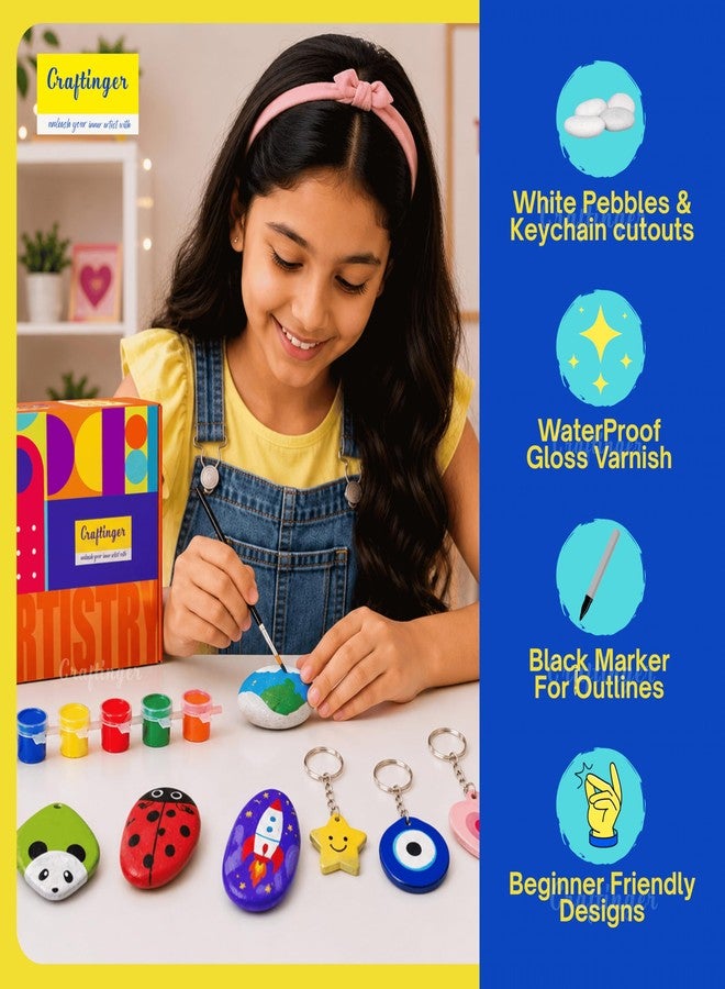 Craftinger DIY Rock Painting Kit for Kids & Adults | Pebble Stone Painting Kit with Wooden Keychain Charms, 12 Tempera Colors, Marker, Brush & Gloss Varnish | Art & Craft Birthday Return Gift for Boys & Girls - Image 3