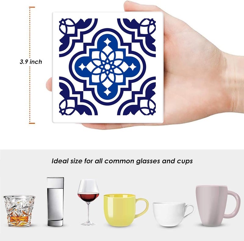 Bribay Coasters for Drinks Set of 6, Navy Blue Ceramic Tiles Geometric Pattern Absorbent Square Ceramic Stone Mat, with Cork Base and Metal Holder, Gift for Housewarming Room Bar Decor - Image 5