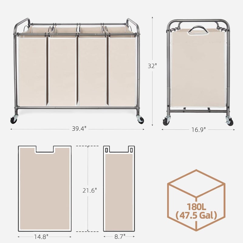 ستورج منياك 4 Section Laundry Sorter مع عجلات، فاصل سلة، فاصل، و4 أكياس قابلة للإزالة - بيج - Image 3