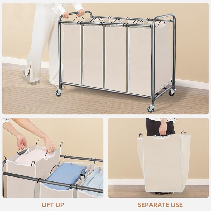 ستورج منياك 4 Section Laundry Sorter مع عجلات، فاصل سلة، فاصل، و4 أكياس قابلة للإزالة - بيج - Image 4