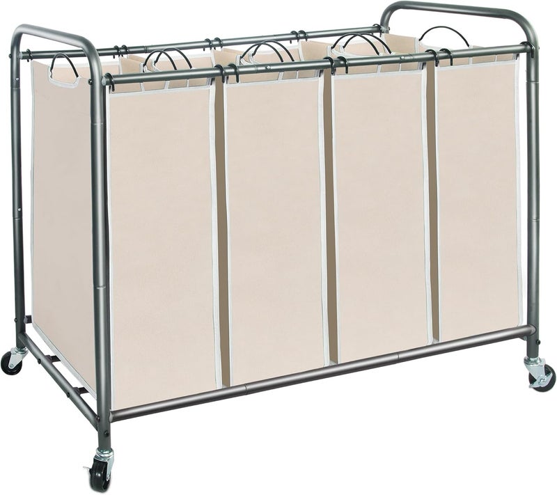 ستورج منياك 4 Section Laundry Sorter مع عجلات، فاصل سلة، فاصل، و4 أكياس قابلة للإزالة - بيج - Image 1