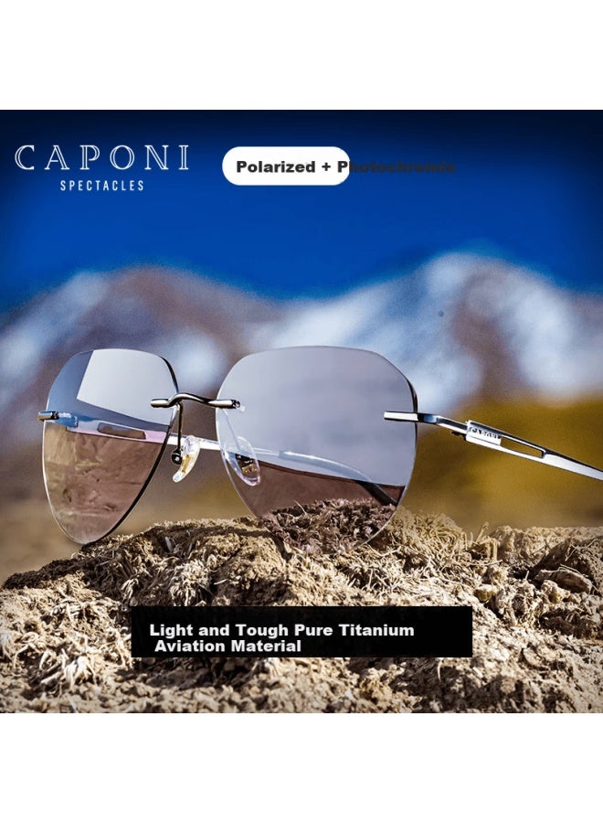 Caponi Pure Titanium Frameless Photochromic Polarized Sungl For Men, Driving-specific Sungl, Day And Night Use, Aviator Large Frame Gl - Image 1