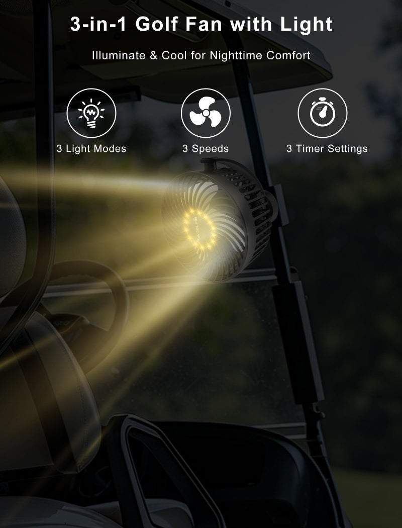 MAGOLFIN 2-Pack Magnetic Golf Cart Fan Rechargeable, 12000mAH Battery Operated Portable Fan with 3 Speeds, LED Lantern, Magnetic Base, Suitable for EZGO Club Car Yamaha, Golf Cart & Cruise Ship Accessories - Image 5