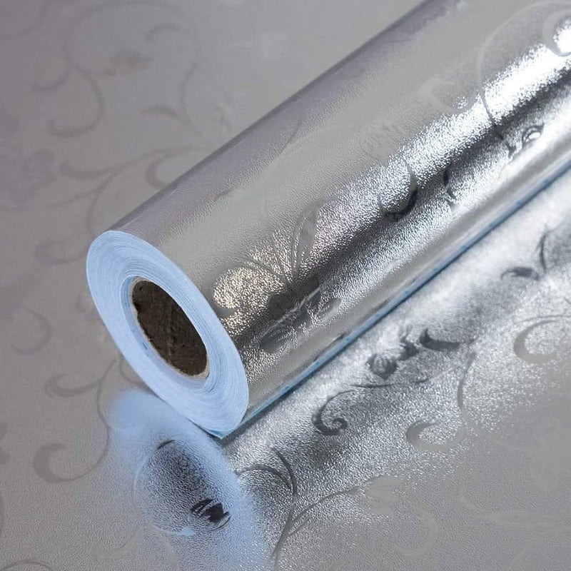 sia SIA VENDORS Kitchen Oil Proof Sticker Wallpaper Backsplash Aluminum foil Oil self-Adhesive Paper Waterproof Heat Resistant Drawer Sticker (24 X 48 Inch, Jasmine Silver) - Image 1