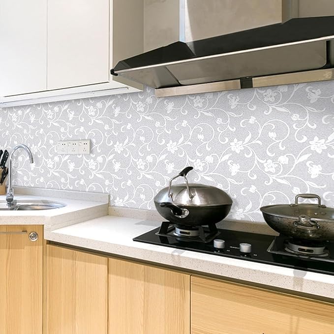 sia SIA VENDORS Kitchen Oil Proof Sticker Wallpaper Backsplash Aluminum foil Oil self-Adhesive Paper Waterproof Heat Resistant Drawer Sticker (24 X 48 Inch, Jasmine Silver) - Image 5