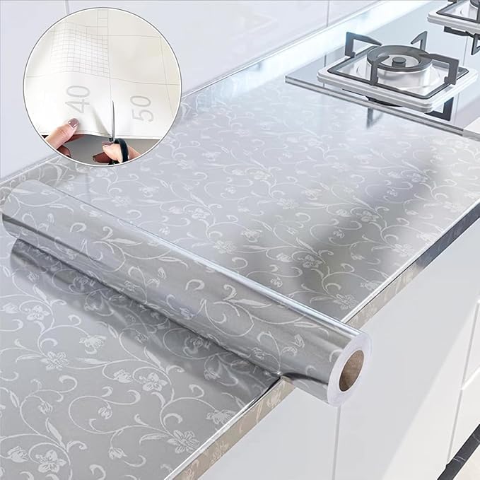 sia SIA VENDORS Kitchen Oil Proof Sticker Wallpaper Backsplash Aluminum foil Oil self-Adhesive Paper Waterproof Heat Resistant Drawer Sticker (24 X 48 Inch, Jasmine Silver) - Image 3
